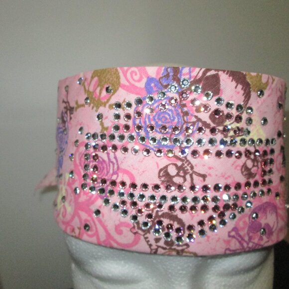PINK Skull & Rose themed pastel  Bandana with Swarovski Crystals Blinged Out !